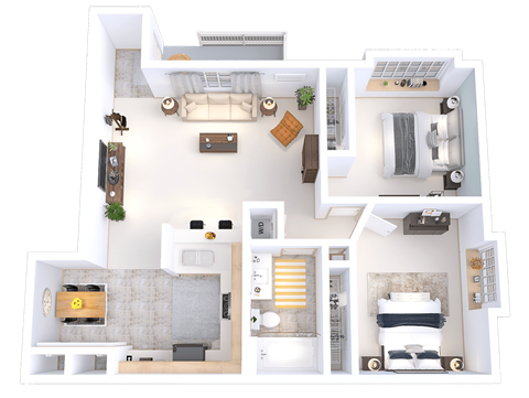 a floor plan of a two bedroom apartment with a bathroom and kitchen